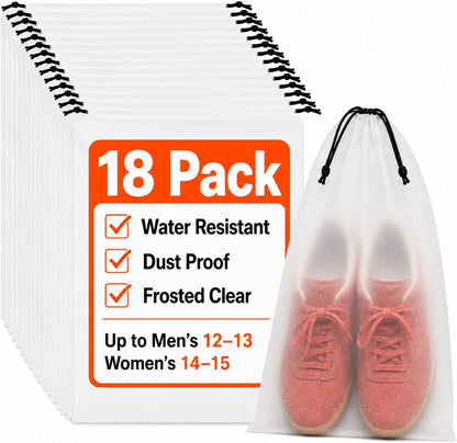 5 Pack Clear Shoe Bags for Travel Essentials, 15.7"×11.8" PEVA Drawstring, Water-Resistant, Fits up to Men’s 12–13, Reusable Storage for Clothes & Toiletries, Keep Luggage Tidy & Odor-Free
