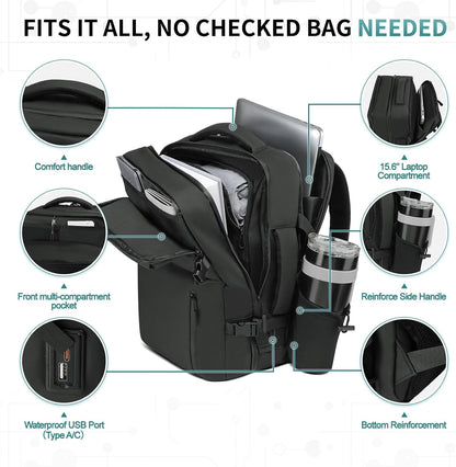 Lay Flat Carry on Travel Backpack, 30L Airline Approved, Fits 16" Laptop, USB-C & USB-A, Water Resistant, Green