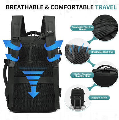 Lay Flat Carry on Travel Backpack, 30L Airline Approved, Fits 16" Laptop, USB-C & USB-A, Water Resistant, Green
