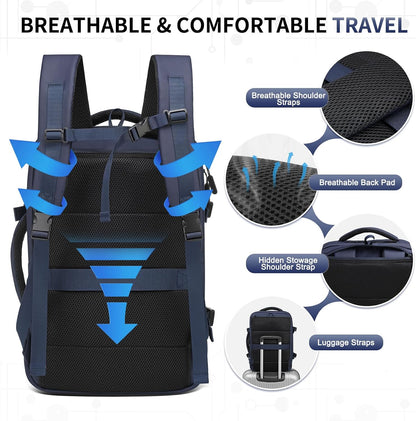 Lay Flat Carry on Travel Backpack, 30L Airline Approved, Fits 16" Laptop, USB-C & USB-A, Water Resistant, Green