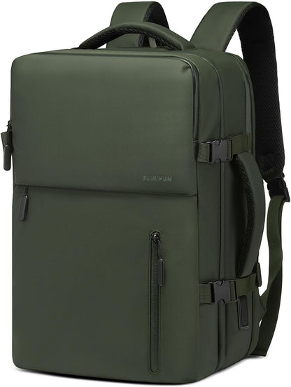 Lay Flat Carry on Travel Backpack, 30L Airline Approved, Fits 16" Laptop, USB-C & USB-A, Water Resistant, Green
