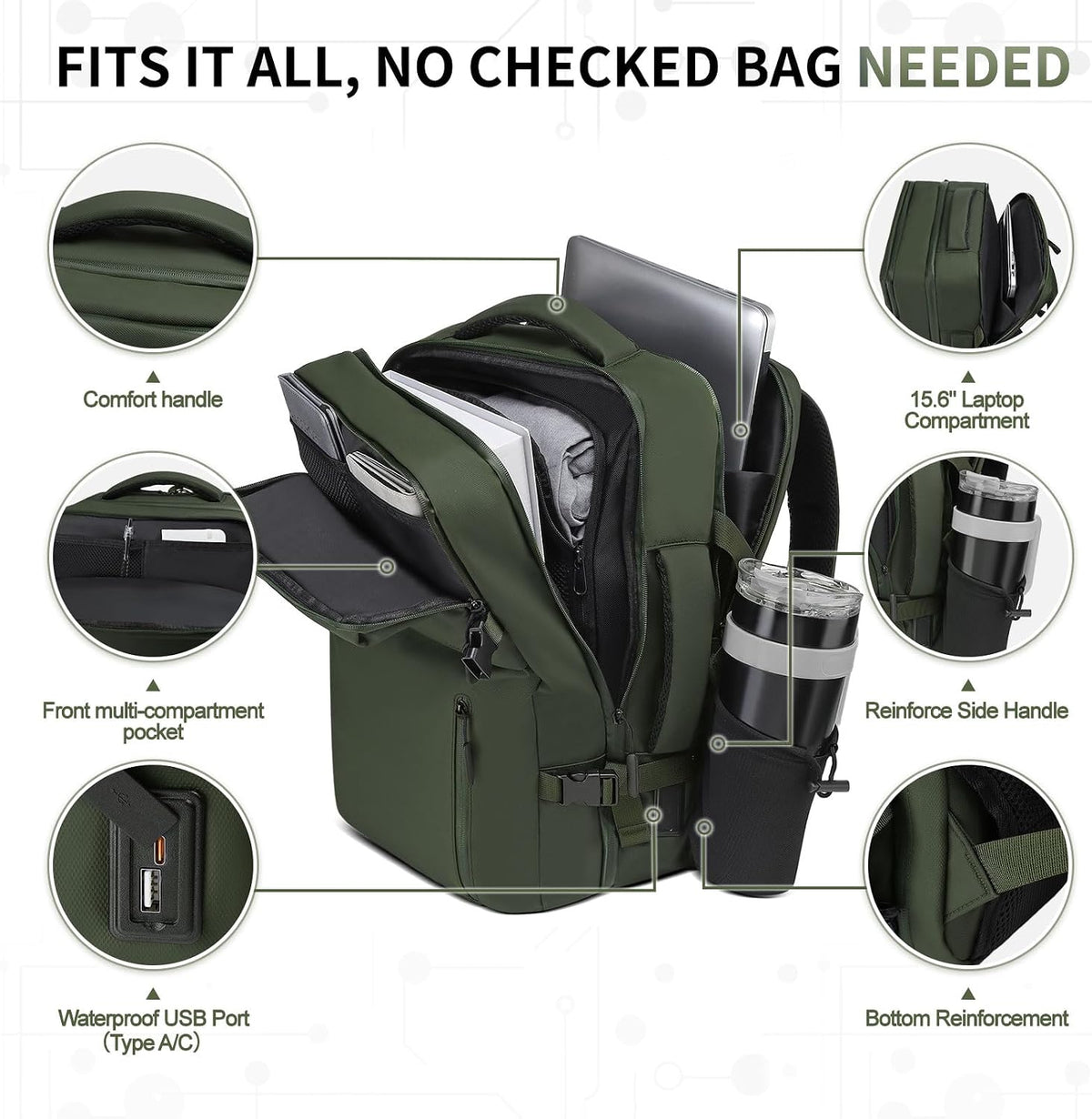 Lay Flat Carry on Travel Backpack, 30L Airline Approved, Fits 16" Laptop, USB-C & USB-A, Water Resistant, Green