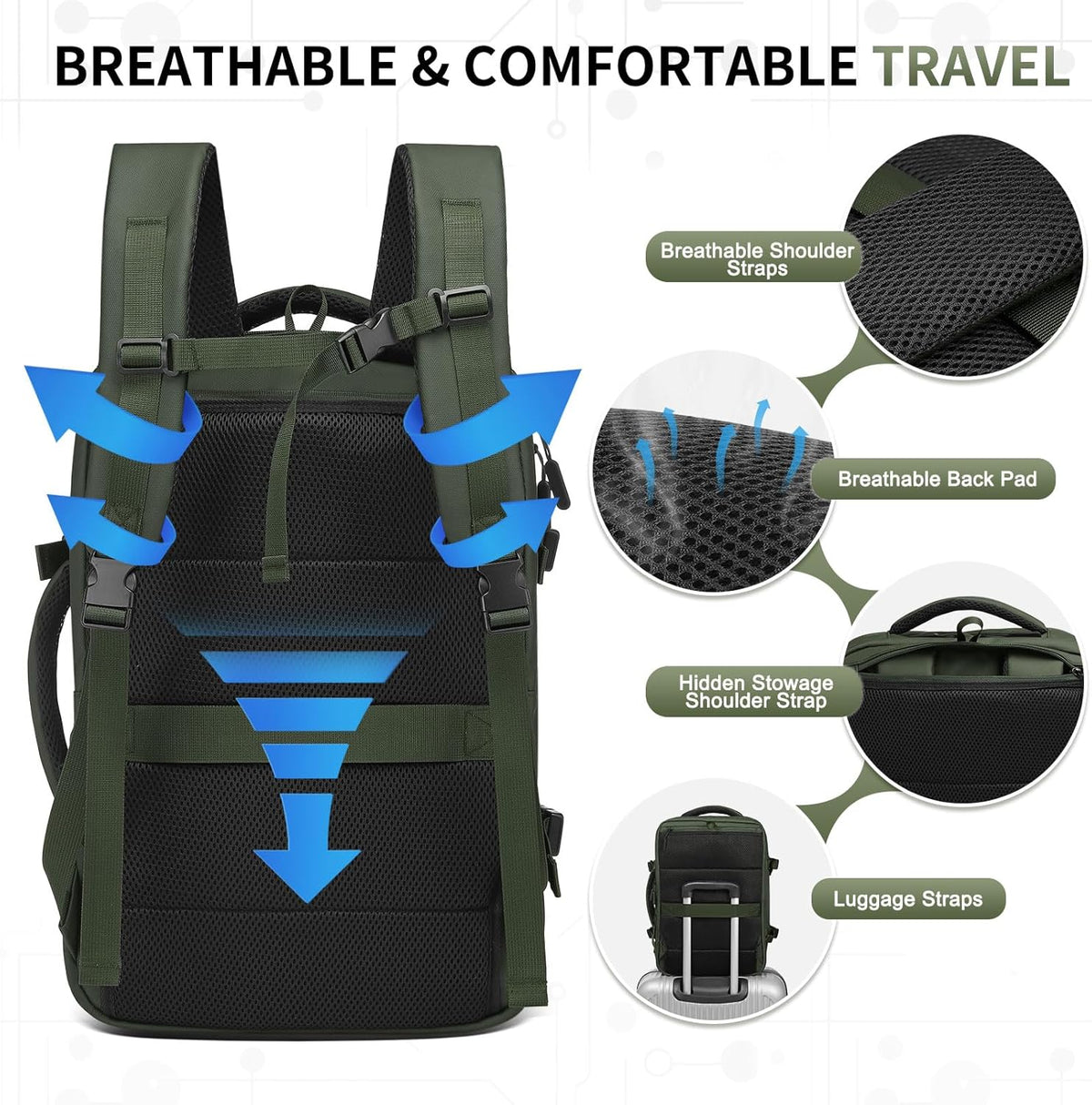 Lay Flat Carry on Travel Backpack, 30L Airline Approved, Fits 16" Laptop, USB-C & USB-A, Water Resistant, Green