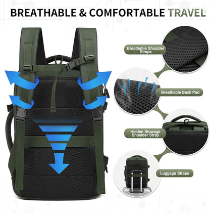 Lay Flat Carry on Travel Backpack, 30L Airline Approved, Fits 16" Laptop, USB-C & USB-A, Water Resistant, Green