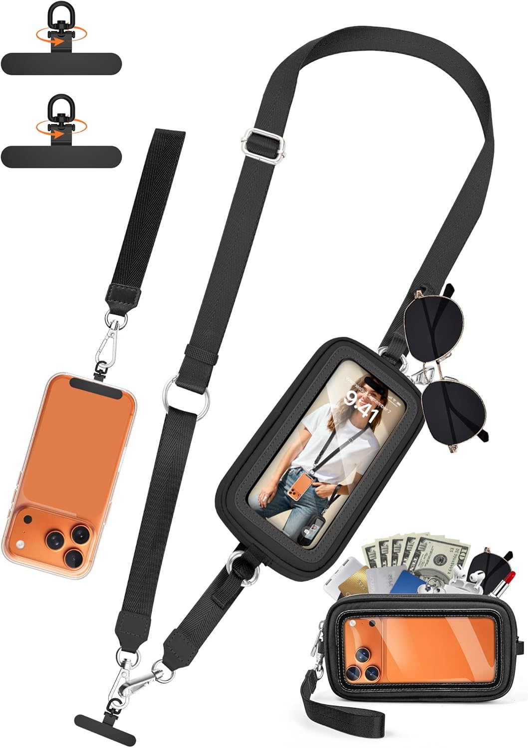 Clip and Go Strap for Phone with Wallet Crossbody, 4-in-1 Adjustable Phone Lanyard with Detachable RFID Wallet with ID Window, Cross Body Strap for Women Travel, Black