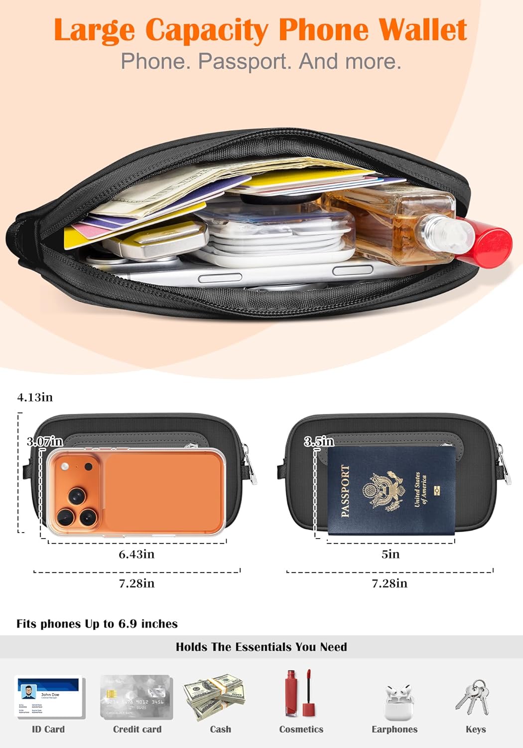 Clip and Go Strap for Phone with Wallet Crossbody, 4-in-1 Adjustable Phone Lanyard with Detachable RFID Wallet with ID Window, Cross Body Strap for Women Travel, Black