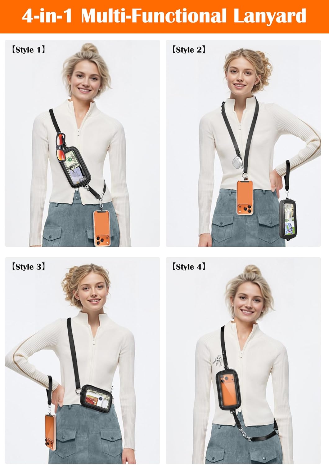 Clip and Go Strap for Phone with Wallet Crossbody, 4-in-1 Adjustable Phone Lanyard with Detachable RFID Wallet with ID Window, Cross Body Strap for Women Travel, Black