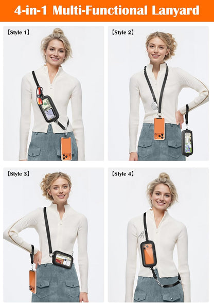 Clip and Go Strap for Phone with Wallet Crossbody, 4-in-1 Adjustable Phone Lanyard with Detachable RFID Wallet with ID Window, Cross Body Strap for Women Travel, Black