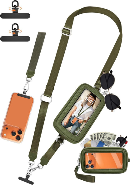 Clip and Go Strap for Phone with Wallet Crossbody, 4-in-1 Adjustable Phone Lanyard with Detachable RFID Wallet with ID Window, Cross Body Strap for Women Travel, Black