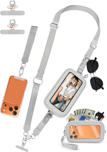Clip and Go Strap for Phone with Wallet Crossbody, 4-in-1 Adjustable Phone Lanyard with Detachable RFID Wallet with ID Window, Cross Body Strap for Women Travel, Black