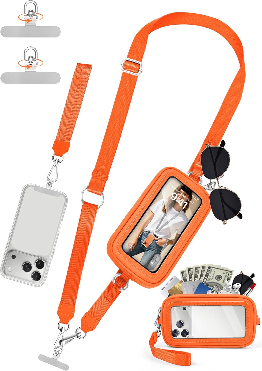 Clip and Go Strap for Phone with Wallet Crossbody, 4-in-1 Adjustable Phone Lanyard with Detachable RFID Wallet with ID Window, Cross Body Strap for Women Travel, Black