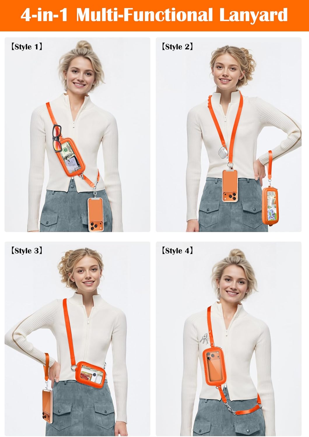 Clip and Go Strap for Phone with Wallet Crossbody, 4-in-1 Adjustable Phone Lanyard with Detachable RFID Wallet with ID Window, Cross Body Strap for Women Travel, Black