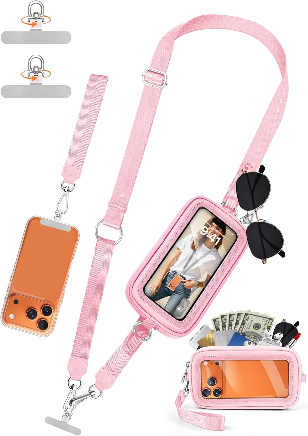 Clip and Go Strap for Phone with Wallet Crossbody, 4-in-1 Adjustable Phone Lanyard with Detachable RFID Wallet with ID Window, Cross Body Strap for Women Travel, Black