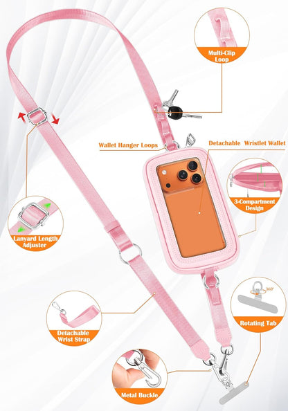Clip and Go Strap for Phone with Wallet Crossbody, 4-in-1 Adjustable Phone Lanyard with Detachable RFID Wallet with ID Window, Cross Body Strap for Women Travel, Black