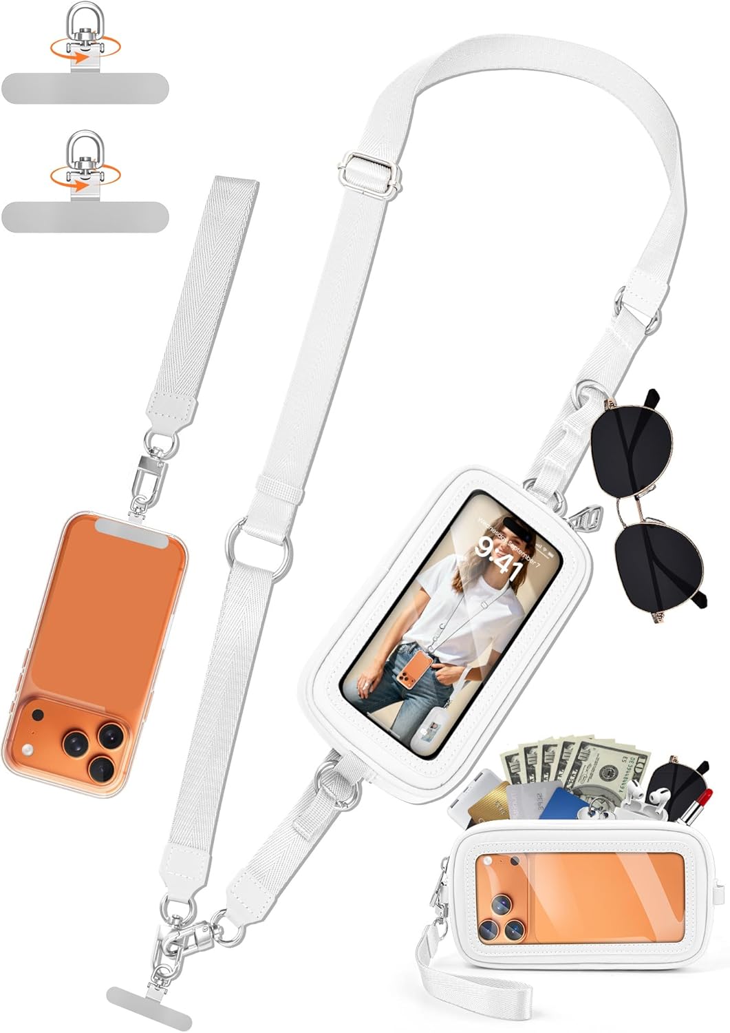 Clip and Go Strap for Phone with Wallet Crossbody, 4-in-1 Adjustable Phone Lanyard with Detachable RFID Wallet with ID Window, Cross Body Strap for Women Travel, Black