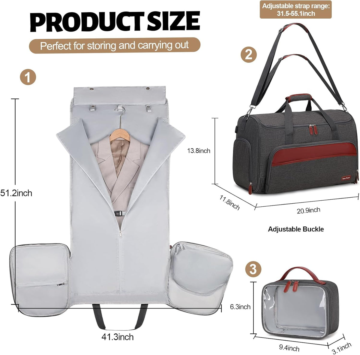 Garment Duffle Bags for Travel, Convertible Garment Bag for Men Women, Carry On Duffle Bag Backpack with Shoe Compartment & Toiletry Bag, 4 in 1 Hanging Suitcase Suit Travel Bags (Grey)