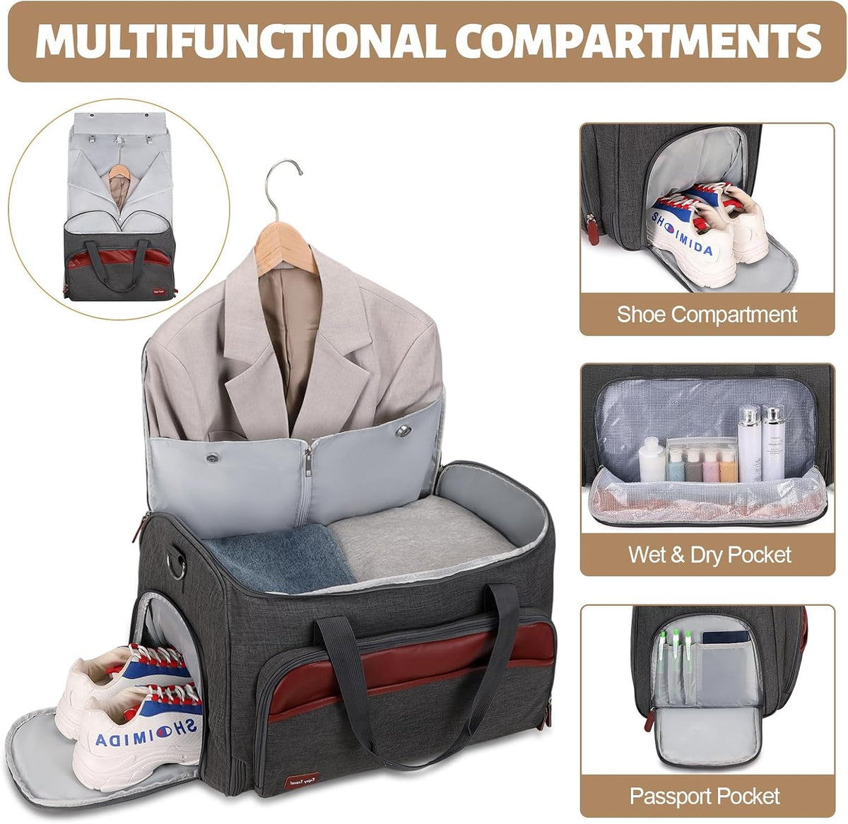 Garment Duffle Bags for Travel, Convertible Garment Bag for Men Women, Carry On Duffle Bag Backpack with Shoe Compartment & Toiletry Bag, 4 in 1 Hanging Suitcase Suit Travel Bags (Grey)