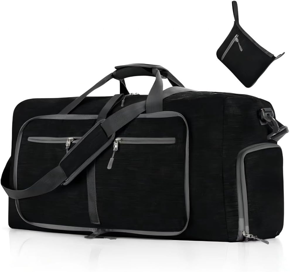 65L Foldable Travel Duffle Bag – Expandable Gym Sports Weekender Overnight Bags,Lightweight Luggage with Shoe Compartment for Men and Women(Black)