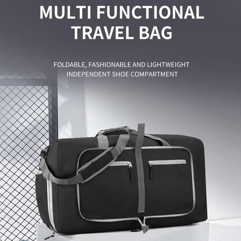 65L Foldable Travel Duffle Bag – Expandable Gym Sports Weekender Overnight Bags,Lightweight Luggage with Shoe Compartment for Men and Women(Black)