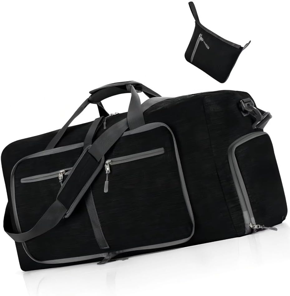 65L Foldable Travel Duffle Bag – Expandable Gym Sports Weekender Overnight Bags,Lightweight Luggage with Shoe Compartment for Men and Women(Black)
