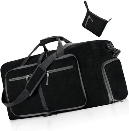 65L Foldable Travel Duffle Bag – Expandable Gym Sports Weekender Overnight Bags,Lightweight Luggage with Shoe Compartment for Men and Women(Black)