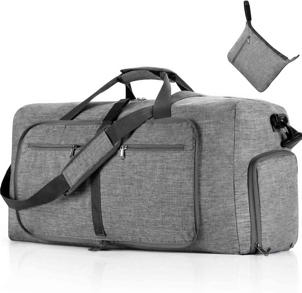 65L Foldable Travel Duffle Bag – Expandable Gym Sports Weekender Overnight Bags,Lightweight Luggage with Shoe Compartment for Men and Women(Black)