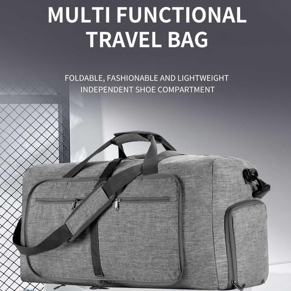 65L Foldable Travel Duffle Bag – Expandable Gym Sports Weekender Overnight Bags,Lightweight Luggage with Shoe Compartment for Men and Women(Black)