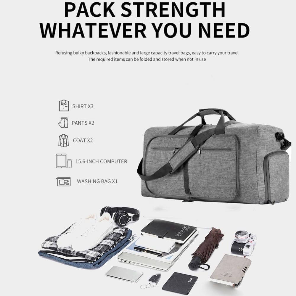 65L Foldable Travel Duffle Bag – Expandable Gym Sports Weekender Overnight Bags,Lightweight Luggage with Shoe Compartment for Men and Women(Black)