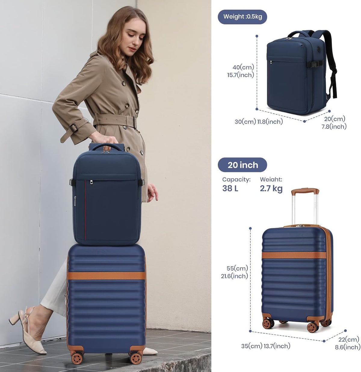 Airline Approved Carry On Luggage 22x14x9 inches, with TSA Lock, 20 Inch Expandable Lightweight Hardshell Suitcase (Navy, Suitable for 1-3 Days of Travel)