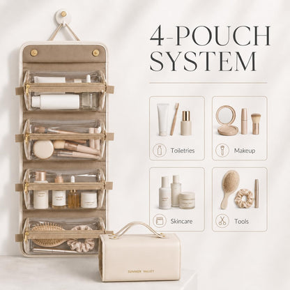 YDR Travel Makeup Bag for Women, 4-in-1 Roll Up Toiletry Bag with 4 Detachable Clear Pouches, PU Leather Makeup Organizer Case with Top Handle for Brushes, Skincare, Cosmetics and Travel