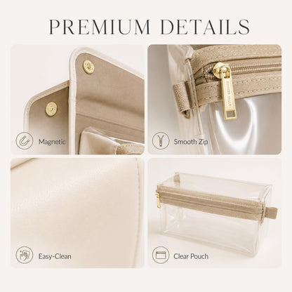 YDR Travel Makeup Bag for Women, 4-in-1 Roll Up Toiletry Bag with 4 Detachable Clear Pouches, PU Leather Makeup Organizer Case with Top Handle for Brushes, Skincare, Cosmetics and Travel