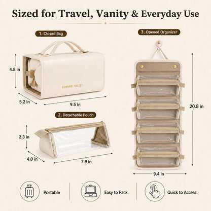 YDR Travel Makeup Bag for Women, 4-in-1 Roll Up Toiletry Bag with 4 Detachable Clear Pouches, PU Leather Makeup Organizer Case with Top Handle for Brushes, Skincare, Cosmetics and Travel