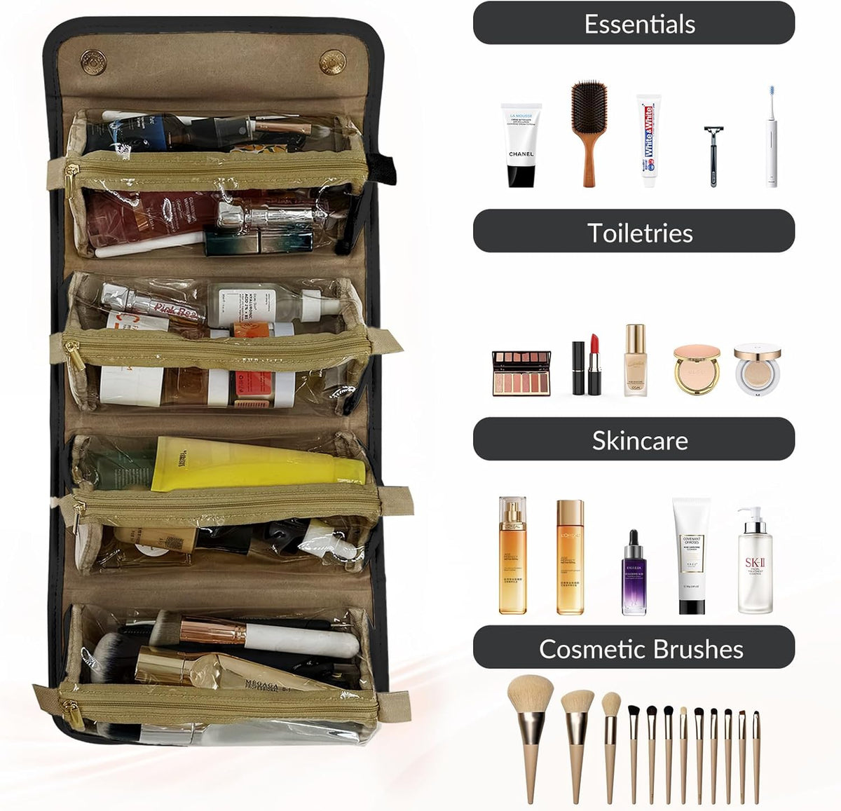 YDR Travel Makeup Bag for Women, 4-in-1 Roll Up Toiletry Bag with 4 Detachable Clear Pouches, PU Leather Makeup Organizer Case with Top Handle for Brushes, Skincare, Cosmetics and Travel