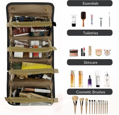YDR Travel Makeup Bag for Women, 4-in-1 Roll Up Toiletry Bag with 4 Detachable Clear Pouches, PU Leather Makeup Organizer Case with Top Handle for Brushes, Skincare, Cosmetics and Travel
