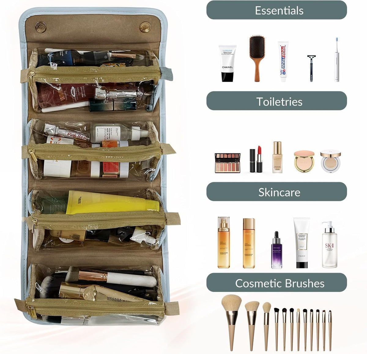 YDR Travel Makeup Bag for Women, 4-in-1 Roll Up Toiletry Bag with 4 Detachable Clear Pouches, PU Leather Makeup Organizer Case with Top Handle for Brushes, Skincare, Cosmetics and Travel