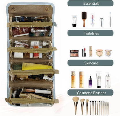 YDR Travel Makeup Bag for Women, 4-in-1 Roll Up Toiletry Bag with 4 Detachable Clear Pouches, PU Leather Makeup Organizer Case with Top Handle for Brushes, Skincare, Cosmetics and Travel