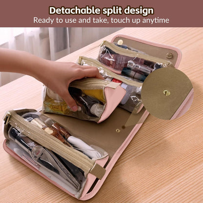YDR Travel Makeup Bag for Women, 4-in-1 Roll Up Toiletry Bag with 4 Detachable Clear Pouches, PU Leather Makeup Organizer Case with Top Handle for Brushes, Skincare, Cosmetics and Travel