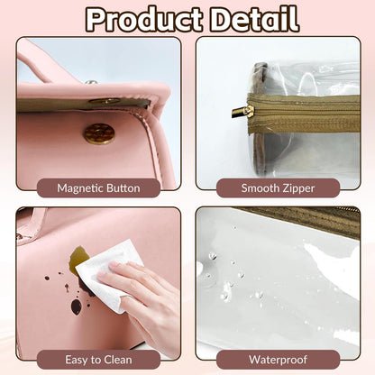 YDR Travel Makeup Bag for Women, 4-in-1 Roll Up Toiletry Bag with 4 Detachable Clear Pouches, PU Leather Makeup Organizer Case with Top Handle for Brushes, Skincare, Cosmetics and Travel
