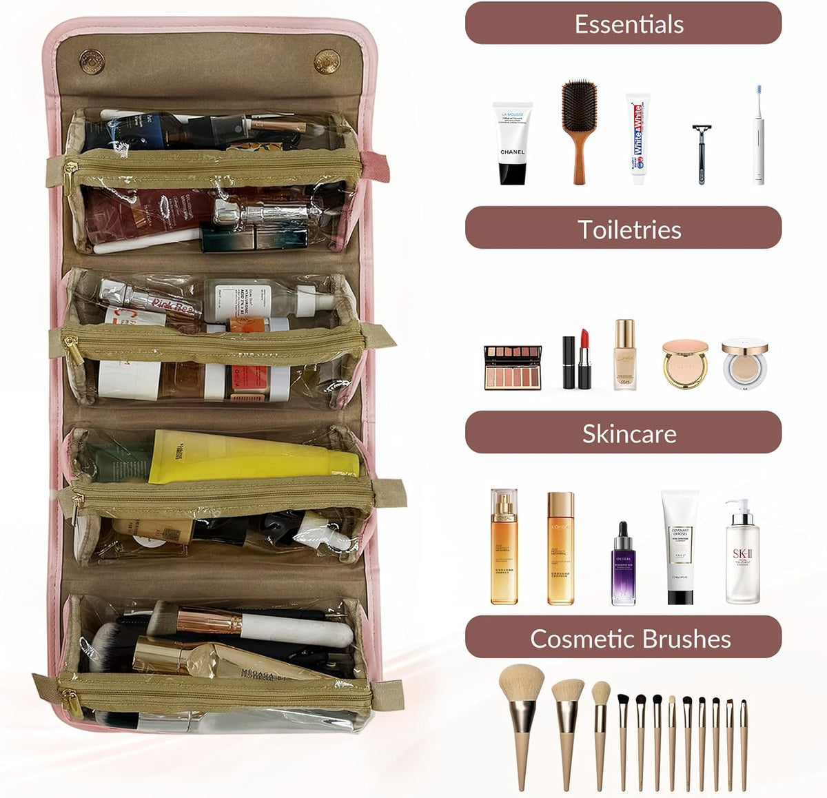 YDR Travel Makeup Bag for Women, 4-in-1 Roll Up Toiletry Bag with 4 Detachable Clear Pouches, PU Leather Makeup Organizer Case with Top Handle for Brushes, Skincare, Cosmetics and Travel