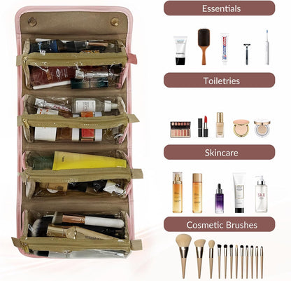 YDR Travel Makeup Bag for Women, 4-in-1 Roll Up Toiletry Bag with 4 Detachable Clear Pouches, PU Leather Makeup Organizer Case with Top Handle for Brushes, Skincare, Cosmetics and Travel