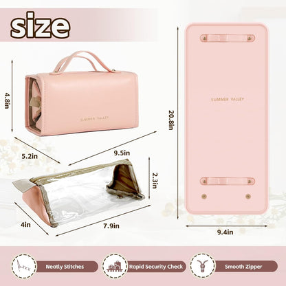 YDR Travel Makeup Bag for Women, 4-in-1 Roll Up Toiletry Bag with 4 Detachable Clear Pouches, PU Leather Makeup Organizer Case with Top Handle for Brushes, Skincare, Cosmetics and Travel