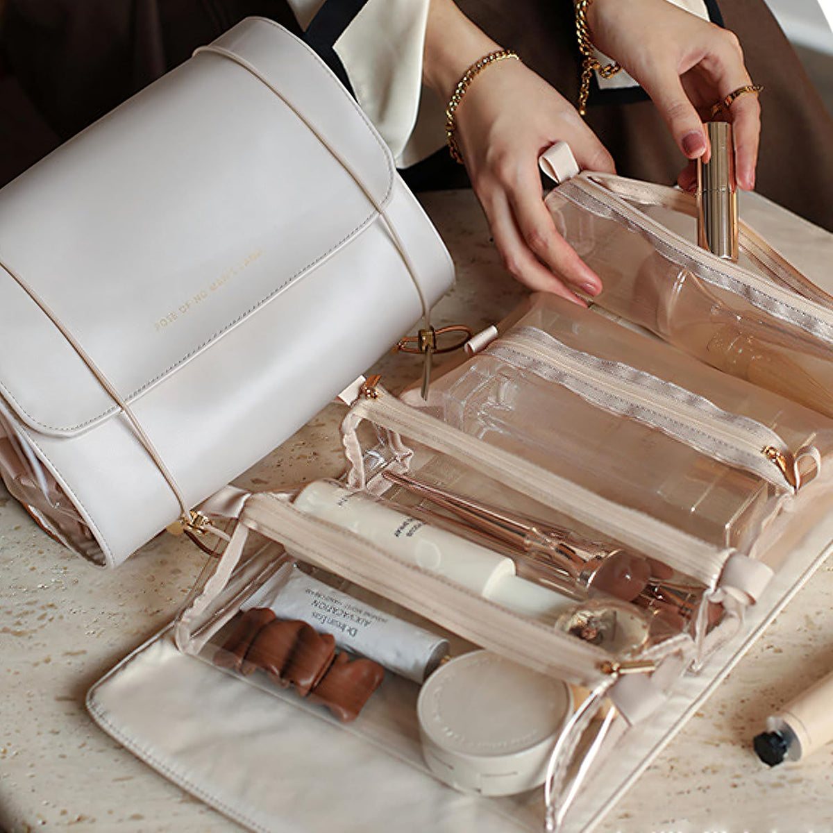 YDR Travel Makeup Bag for Women, 4-in-1 Roll Up Toiletry Bag with 4 Detachable Clear Pouches, PU Leather Makeup Organizer Case with Top Handle for Brushes, Skincare, Cosmetics and Travel