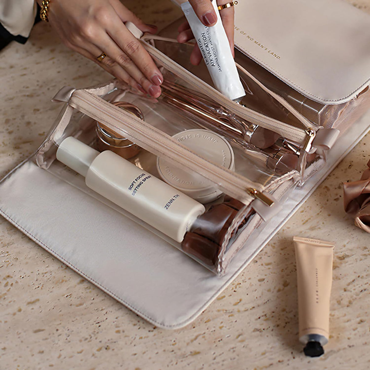 YDR Travel Makeup Bag for Women, 4-in-1 Roll Up Toiletry Bag with 4 Detachable Clear Pouches, PU Leather Makeup Organizer Case with Top Handle for Brushes, Skincare, Cosmetics and Travel