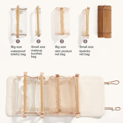 YDR Travel Makeup Bag for Women, 4-in-1 Roll Up Toiletry Bag with 4 Detachable Clear Pouches, PU Leather Makeup Organizer Case with Top Handle for Brushes, Skincare, Cosmetics and Travel
