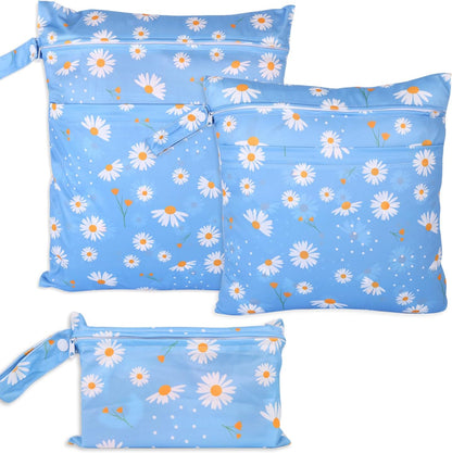 3pcs Cloth Diaper Wet Dry Bags Waterproof Reusable Wet Bag with 2 Zipper Pockets & Handle Washable Laundry Bags for Travel Beach Pool Daycare Yoga Gym Exercise Swimsuits