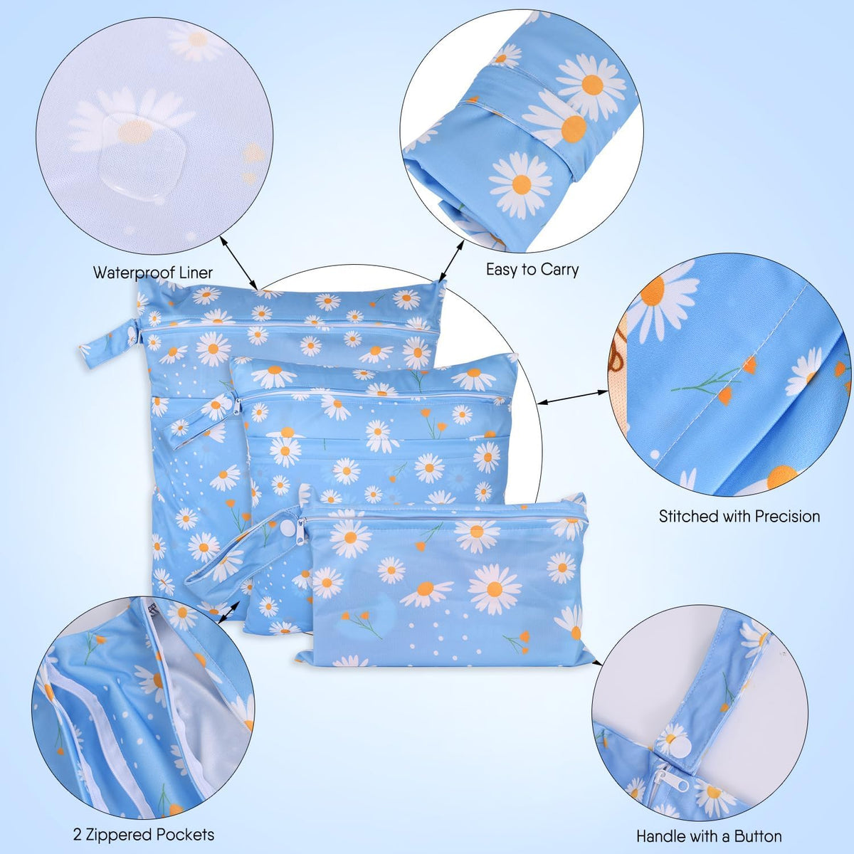 3pcs Cloth Diaper Wet Dry Bags Waterproof Reusable Wet Bag with 2 Zipper Pockets & Handle Washable Laundry Bags for Travel Beach Pool Daycare Yoga Gym Exercise Swimsuits