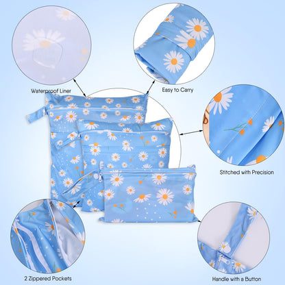 3pcs Cloth Diaper Wet Dry Bags Waterproof Reusable Wet Bag with 2 Zipper Pockets & Handle Washable Laundry Bags for Travel Beach Pool Daycare Yoga Gym Exercise Swimsuits