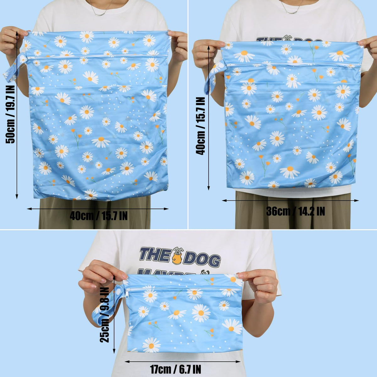 3pcs Cloth Diaper Wet Dry Bags Waterproof Reusable Wet Bag with 2 Zipper Pockets & Handle Washable Laundry Bags for Travel Beach Pool Daycare Yoga Gym Exercise Swimsuits