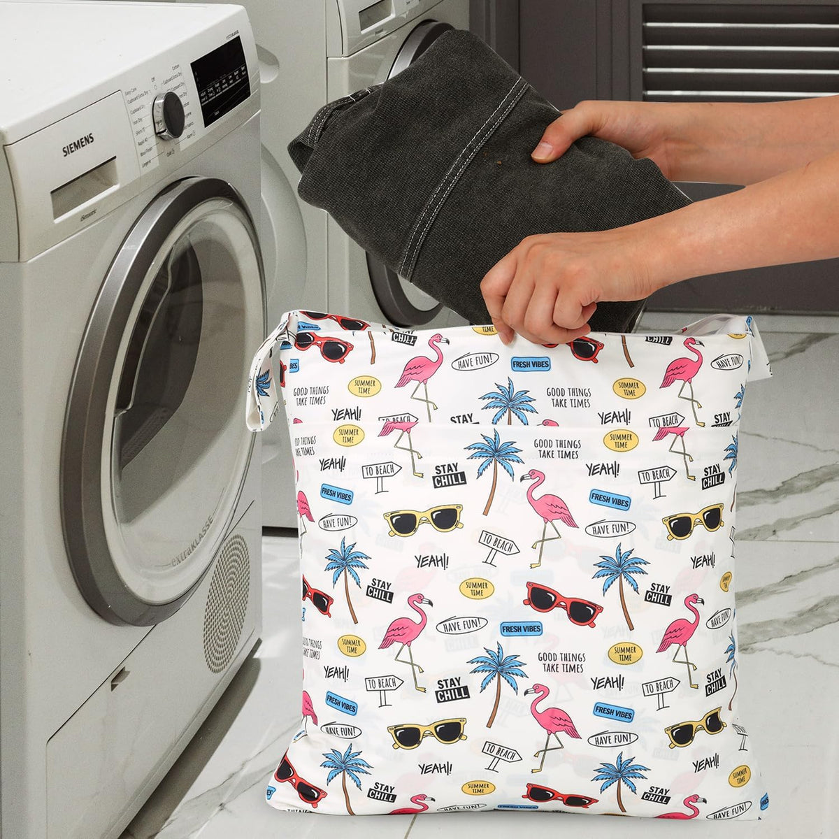 3pcs Cloth Diaper Wet Dry Bags Waterproof Reusable Wet Bag with 2 Zipper Pockets & Handle Washable Laundry Bags for Travel Beach Pool Daycare Yoga Gym Exercise Swimsuits