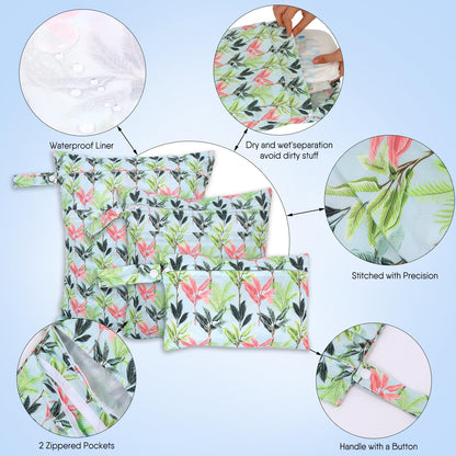 3pcs Cloth Diaper Wet Dry Bags Waterproof Reusable Wet Bag with 2 Zipper Pockets & Handle Washable Laundry Bags for Travel Beach Pool Daycare Yoga Gym Exercise Swimsuits